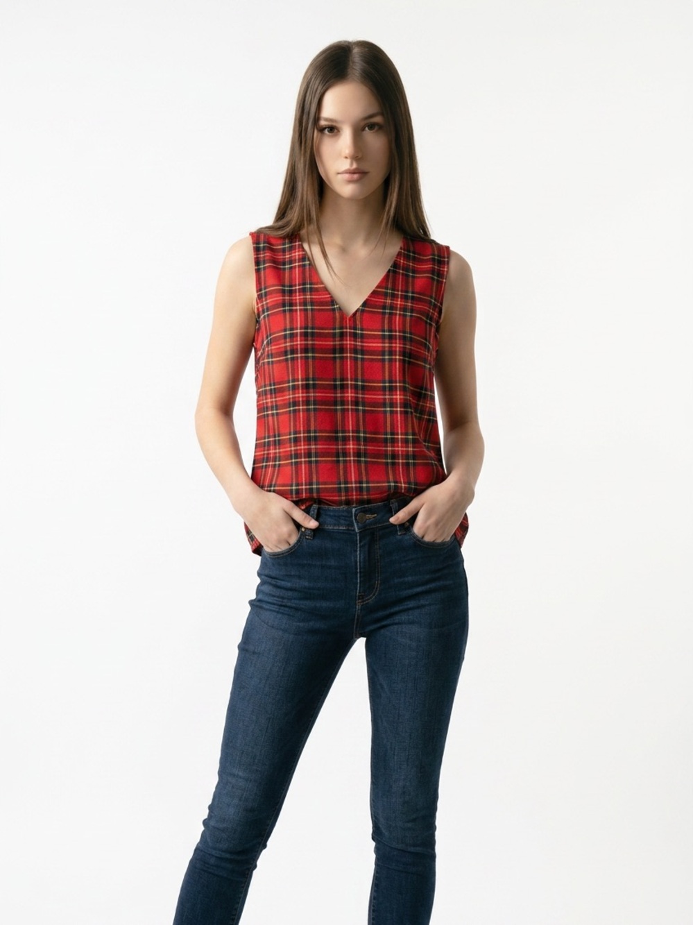 J. Crew Red Tartan V-Neck Tank Top